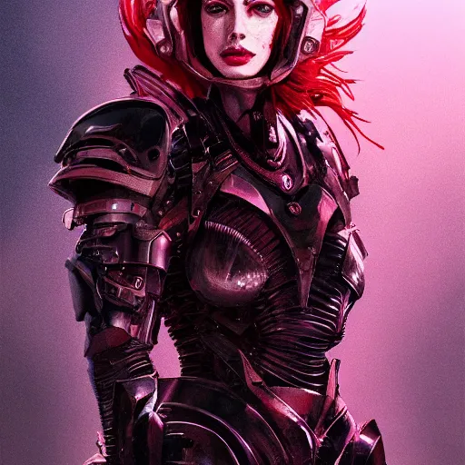 Image similar to ann hathaway portrait, dystopia core, apocalyptic, armor, warrior, dramatic, sharp focus, fiction, neon, fantasy, hyper detailed, digital art, trending in artstation, cinematic lighting, studio quality, smooth render, unreal engine 5 rendered, octane rendered, art style and nixeu and wlop and krenz cushart