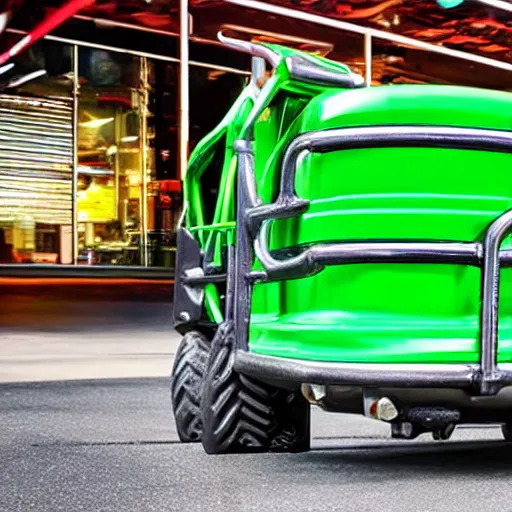 Prompt: a glossy product photograph of a shopping cart with monster truck wheels and large exhaust pipes. subtle green backlighting. wide shot. intricate detail. hyper realistic.