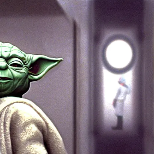 Image similar to master yoda too short to use the urinal in the bathroom of the death star, movie scene from a star wars movie 1 9 9 9