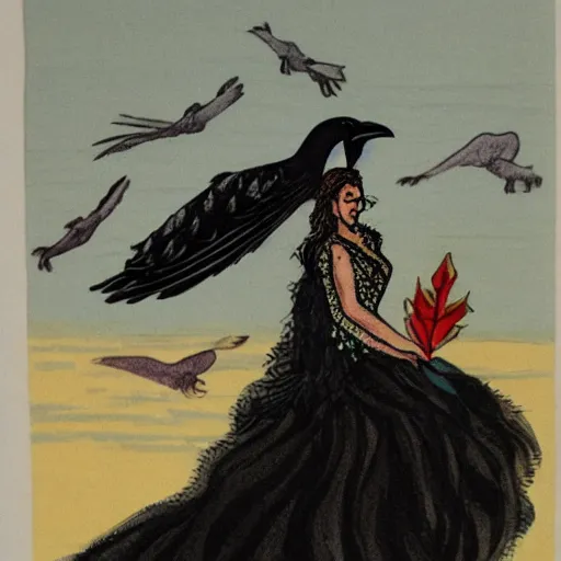 Prompt: crow in a yacht wearing a tulle dress with a crown made up of snakes