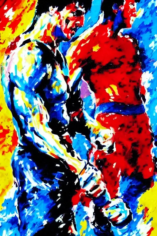 Prompt: fight between rocky balboa and terminator t 1 0 0 0, painting in the style of leroy neiman