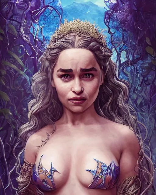 Prompt: emilia clarke as khaleesi mermeid with a piercing gaze wearing an enchanted bikini in an underwater magical forest, highly detailed face, realistic face, beautiful detailed eyes, fantasy art, in the style of artgerm, illustration, epic, fantasy, intricate, hyper detailed, artstation, concept art, smooth, sharp focus, ray tracing, vibrant