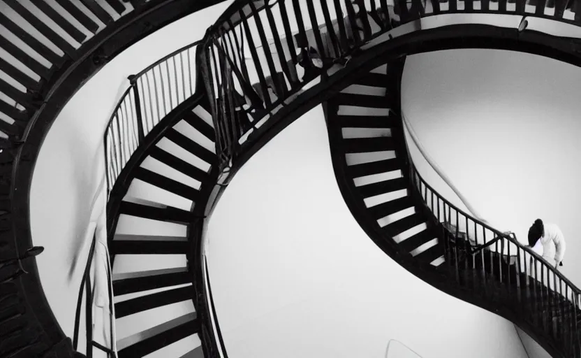 Prompt: zoomed out photo of frank ocean walking up a spiral staircase in the centre of the room, greyscale,