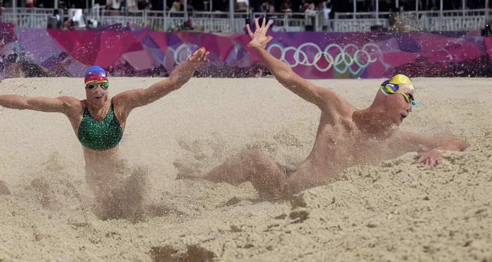 Image similar to olympic swimming in sand instead of water, extremely coherent