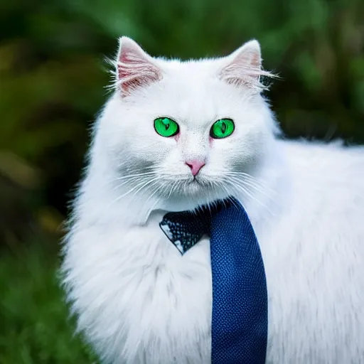 Prompt: fluffy white cate with green and blue eyes wearing a suit and tie