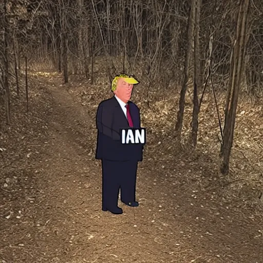 Prompt: creepy trail cam footage of an obese Donald trump hiding in the darkness