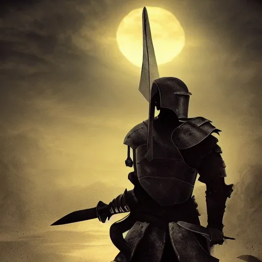 Prompt: Silhouette of a male warrior wearing knight armor holding a sword and shield, facing away towards a mountain in the distance, digital art, digital painting, matte painting, very beautiful, atmospheric dramatic lighting, highly detailed, fantasy artwork, dnd