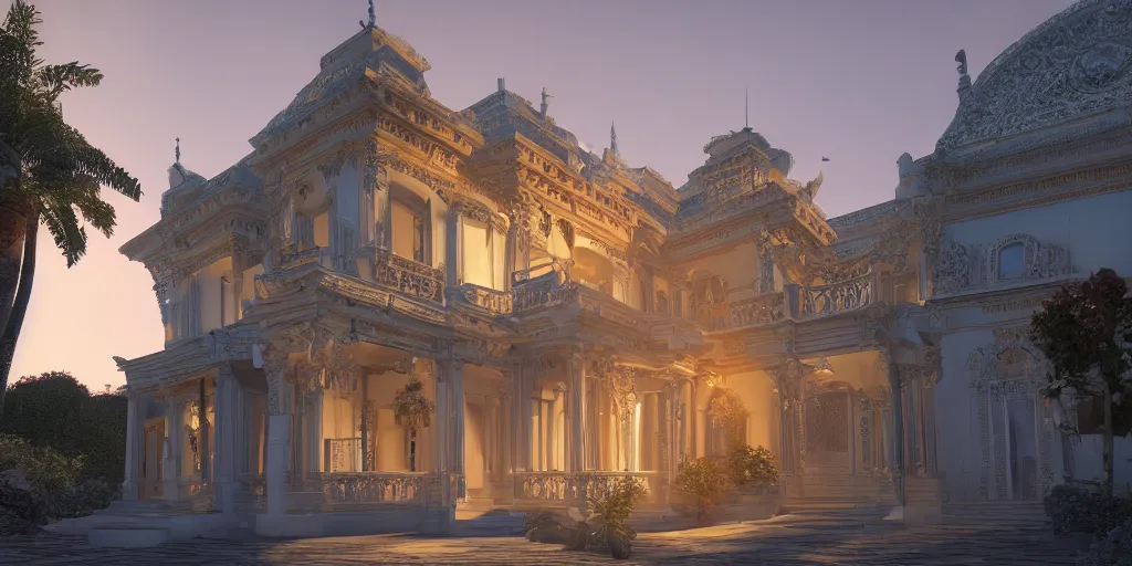 Prompt: extremely detailed ornate stunning sophisticated beautiful house, stunning volumetric light, sunset, concrete and translucent material, stunning skied, 8k