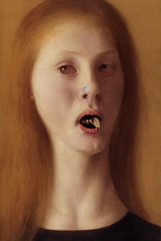 Prompt: hyperrealism close-up portrait of flower in mouth of young medieval attractive ginger female, pale skin, wearing dark silk, in style of classicism