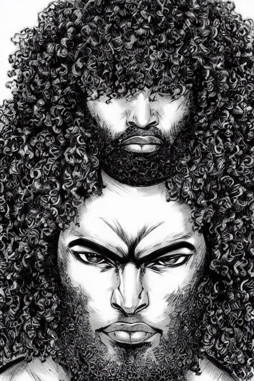 Image similar to black man with afro hair and raspy beard stubble as a knight, highly detailed, anatomically correct, black and white, manga, art by kentaro miura