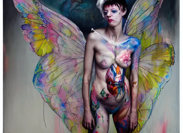 Image similar to a painting by martine johanna of a fairy with big wings wearing a hoodie standing in a township street in the style of jenny saville, street fashion outfit, haute couture fashion shoot, full figure painting by david choe and jeremy mann, decorative flowers, 2 4 mm, die antwoord yolandi visser