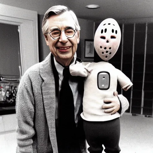 Prompt: Mr. Rogers hanging out with Jason Voorhees from the movie Friday the 13th