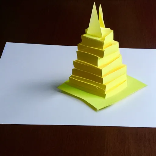 Prompt: a childs drawing of a cake tower on yellow post-it note