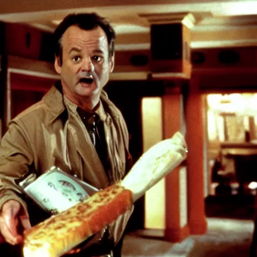 Image similar to film still of bill murray as Peter venkman, setting out a cheese and wine platter