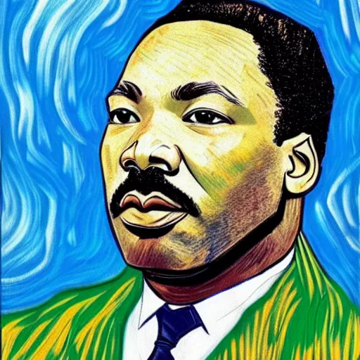 Image similar to an artistic portrait of martin luther king, high quality, studio photography, colorful, hero, heroic, beautiful, in the style of vincent van gogh