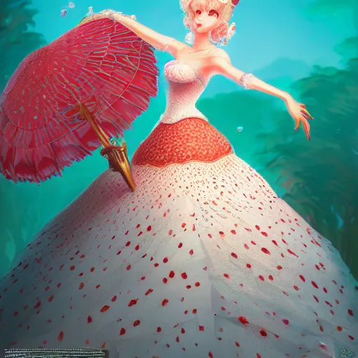 Image similar to the portrait of an absurdly beautiful, graceful, elegant, sophisticated, fashionable princess peach made of red and white spotted mushrooms and white petals, an ultrafine hyperdetailed illustration by kim jung gi, irakli nadar, intricate linework, bright colors, octopath traveler, final fantasy, unreal engine 5 highly rendered, global illumination, radiant light,