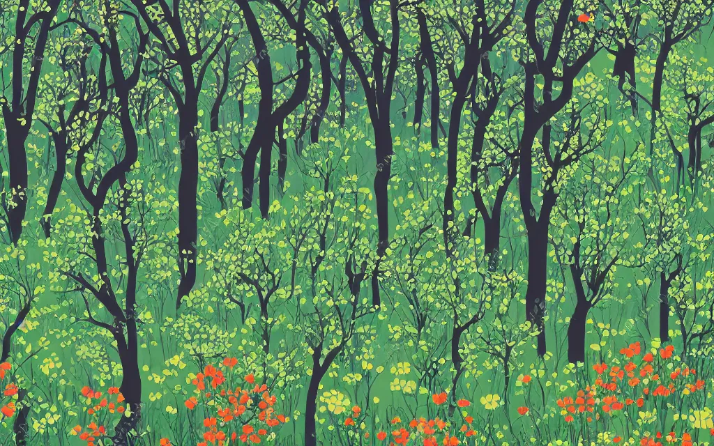 Image similar to a sprawling flowery meadow with tall trees, in the style of Eyvind Earle