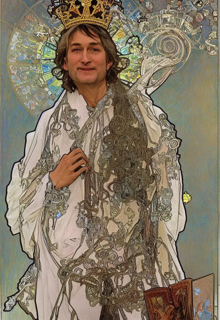 Image similar to realistic white - haired geoffrey hinton in a crown with neural networks on a tarot card, tarot in art style by alphonse mucha