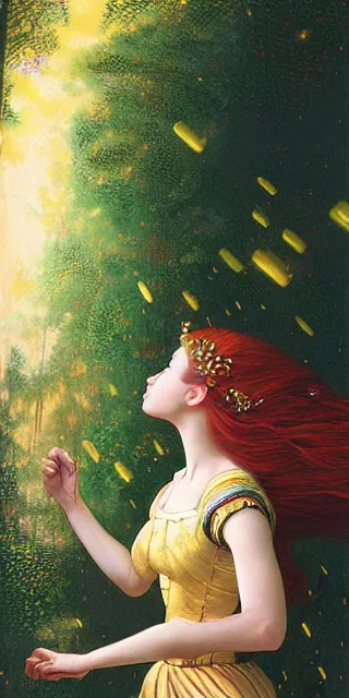 Image similar to infp young woman, smiling amazed, golden fireflies lights, full covering intricate detailed dress, amidst nature, long red hair, precise linework, accurate green eyes, small nose with freckles, oval shape face, realistic, expressive emotions, dramatic lights, hyper realistic ultrafine art by artemisia gentileschi, caravaggio, jessica rossier, boris vallejo