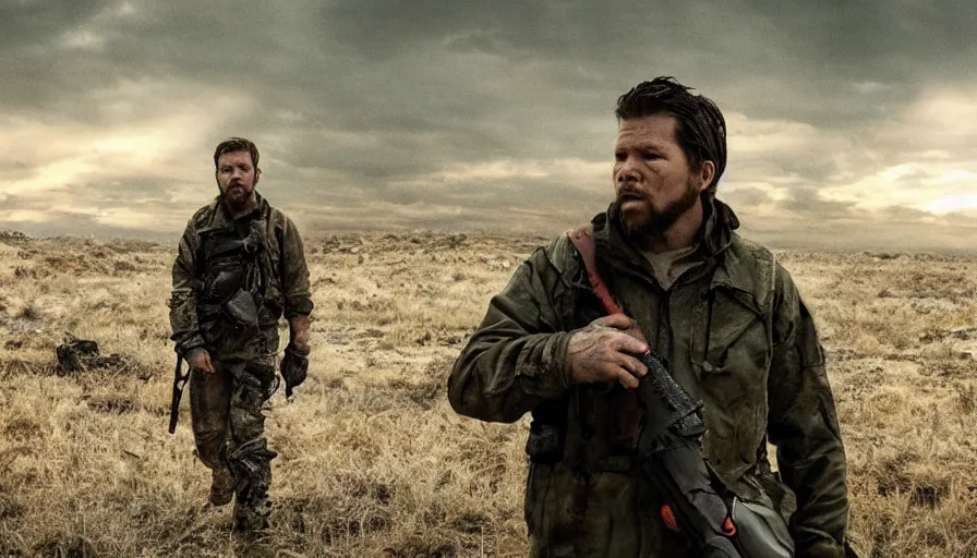 Image similar to movie screenshot. lone survivor man holding walkie - talkie in post - apocalyptic nature landscape, movie poster, shallow depth of field, cinematic. cinematic composition