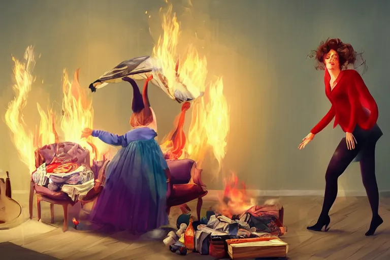 Image similar to a crazy opera singer hurries up to pack daughter's things in suitcase, surrounded with fire, clothes are flying around in room, digital art, trending on artstation, very very realistic