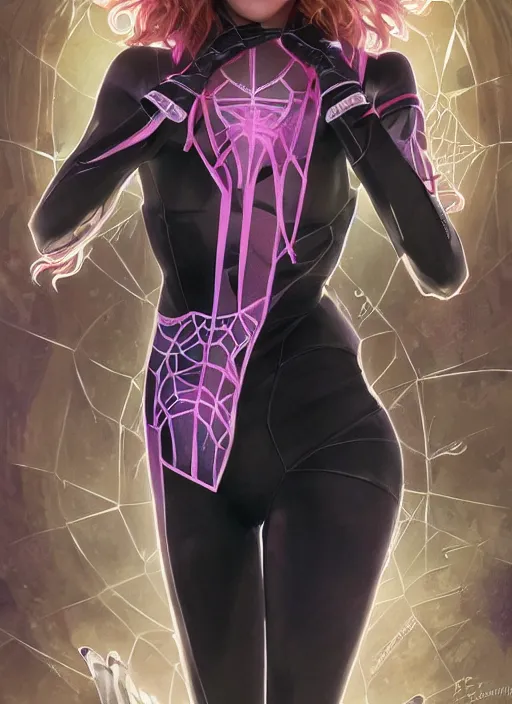 Image similar to ultra realistic illustration, bella thorne as spidergwen, intricate, elegant, highly detailed, digital painting, artstation, concept art, smooth, sharp focus, illustration, art by artgerm and greg rutkowski and alphonse mucha and wlop