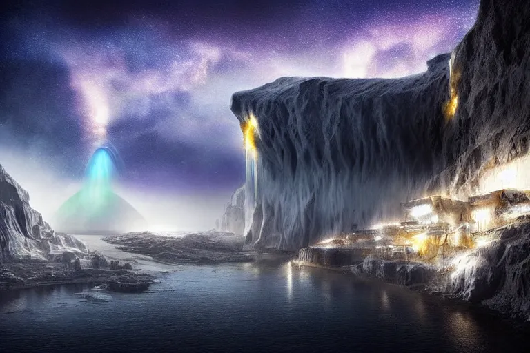 Image similar to favela spaceship cave tornado, snowy arctic environment, industrial factory, cliffs, peaks, bright, milky way, award winning art, epic dreamlike fantasy landscape, ultra realistic,