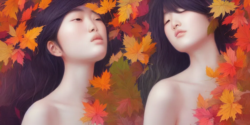 Prompt: highly detailed pastel colors of an ethereal asian beauty morphing gradually into autumn leaves, by artgerm and hsiao - ron cheng, smooth composition, fine patterns and detail