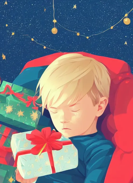 Prompt: little boy with short blonde hair, asleep at christmas. surrounded by gifts. high quality detailed face. clean cel shaded vector art. shutterstock. behance hd by lois van baarle, artgerm, helen huang, by makoto shinkai and ilya kuvshinov, rossdraws, illustration, art by ilya kuvshinov