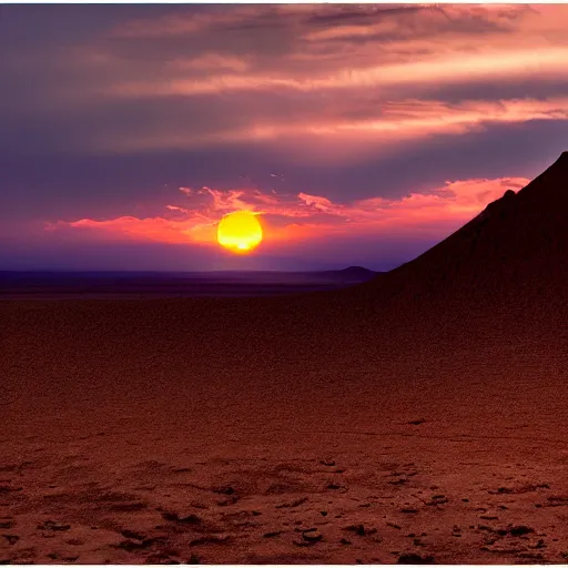 Prompt: epic cinematic still photography of sun glowing on the dessert during sunset