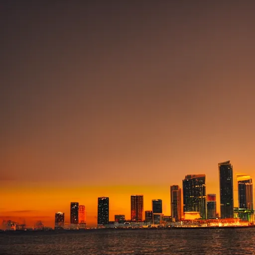 Prompt: a cinematic shot of downtown miami at golden hour, vivid sunset, canon eos c 3 0 0, ƒ 4. 0, in - focus, 3 5 mm, 8 k, medium - format print, inspired by roger deakins cinematography