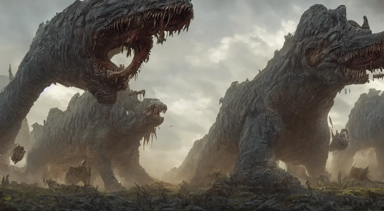 Image similar to technicolor glowing prehistoric beasts, surrounded by slate grey walls, insane details, dramatic lighting, unreal engine 5, concept art, greg rutkowski, james gurney, johannes voss, hasui kawase.