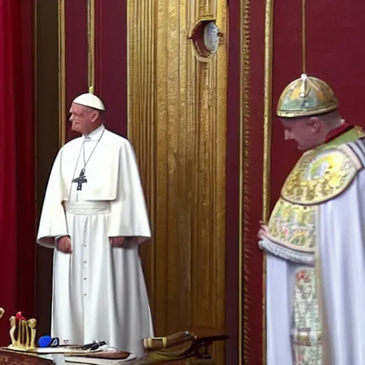 Prompt: Donald Tusk in Pope\'s Outfit during a Speech in the Senate on Coruscant