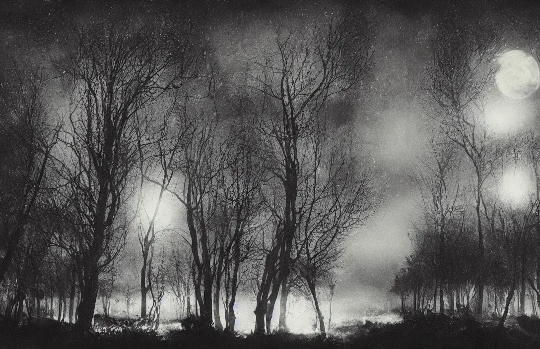 Image similar to energetic brushstrokes create optical flow intact flawless ambrotype from 4 k criterion collection remastered cinematography gory horror film, ominous lighting, evil theme wow photo realistic postprocessing cryengine stars lingering above moon visible through the trees worms eye photograph by ansel adams