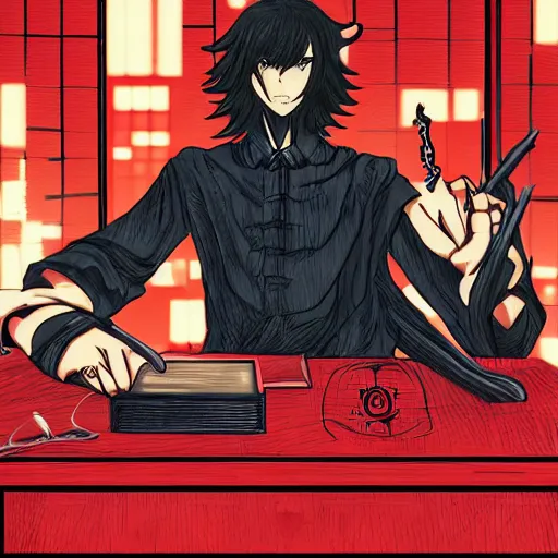 Image similar to dark lord sitting at desk, medium shot, portrait, john k, semi realistic anime, red demon cyberpunk symbols