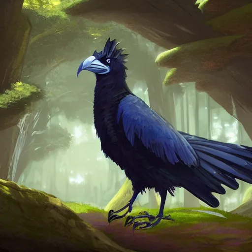 Image similar to concept art painting of an anthropomorphic albino raven wearing dark blue robes, in the deep forest, realistic, detailed, cel shaded, in the style of makoto shinkai and greg rutkowski and james gurney