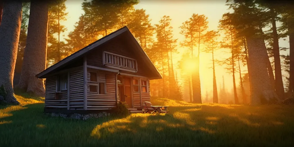 Prompt: a cozy little house in the woods, relaxing, 3 d concept art by scott zenteno, chill, relaxing, peaceful, sunset, extremely detailed art, unreal engine 5, hyper realism