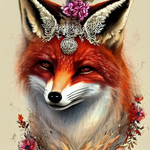 Image similar to portrait of a fox wearing a tiara, wreath flowers, fantasy art, d & d, trending on artstation, beautiful art, intricate, elegant, highly detailed, digital painting, concept art, smooth, sharp focus, illustration