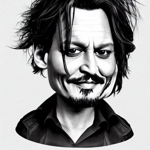 Image similar to a finely detailed funny caricature illustration of johnny depp, artstation, 4k