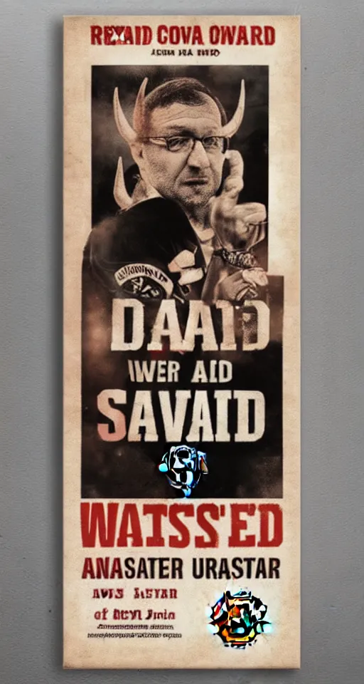 Image similar to avram glazer wanted dead or alive, owner of manchester united football club, wanted poster, bolo poster pure evil, devils horns, avram glazer, satan, hell, 8 k, symmetry, cinematic lighting