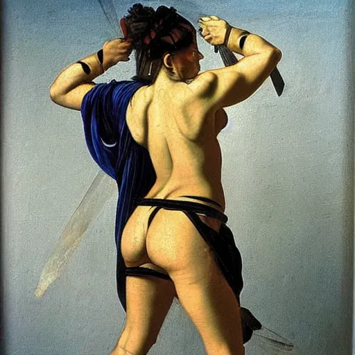 Image similar to full body painting of a muscular female greek warrior, by caravaggio