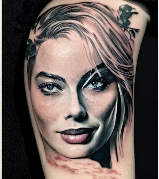 Prompt: tattoo sketch of margot robbie mash up with amazing mountain scenery and nature, double exposure effect, in the style of arlo dicristina, hyper realism, amazing detail, sharp