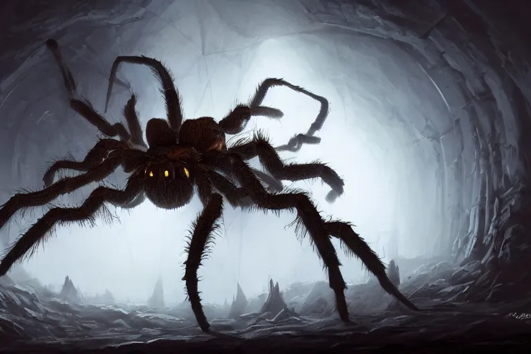 Prompt: a close - up view of a monstrous tarantula in a dark foreboding tunnel, with cobwebs, in the style of peter mohrbacher, dramatic lighting, atmospheric, low angle, wide angle, hyper - realistic, concept art, highly detailed digital painting, trending on artstation