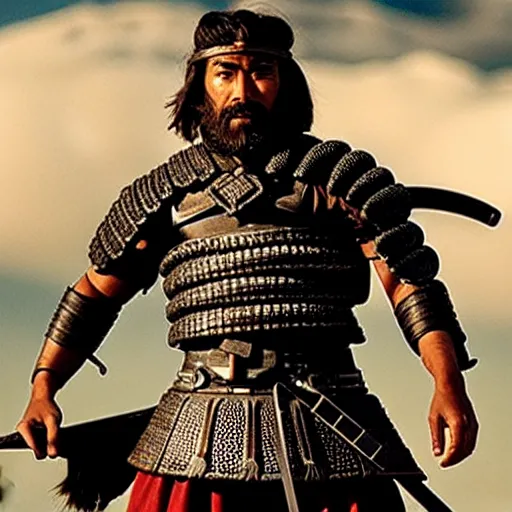 Image similar to handsome and strong kurdish!!!! samurai in a movie directed by christopher nolan, movie still frame, promotional image, imax 7 0 mm footage, perfect symmetrical facial features