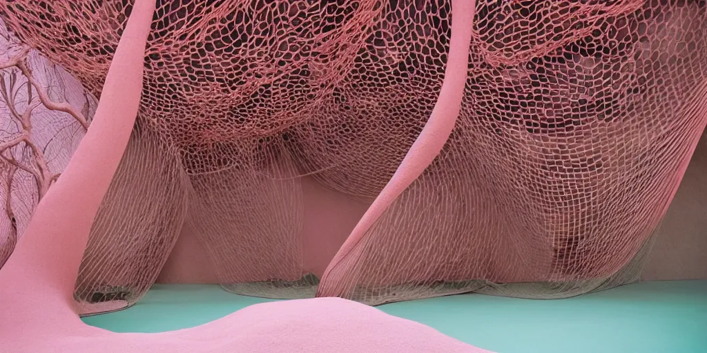 Image similar to biomorphic structures out of stocking - like material and nets that fills with various objects like spices, sand and rocks by ernesto neto, dusty pink with light - mint color, film still from the movie directed by denis villeneuve with art direction by zdzisław beksinski, telephoto lens, shallow depth of field