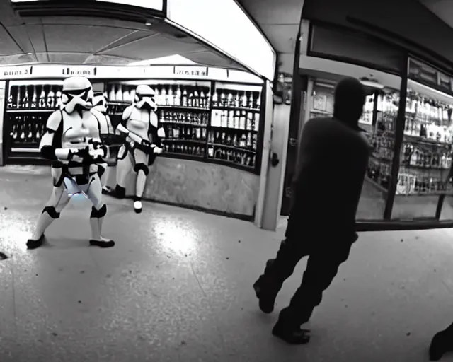 Image similar to cctv footage of stormtroopers robbing a liquor store, black and white, nightshot, fish eye lens, grainy, cdx