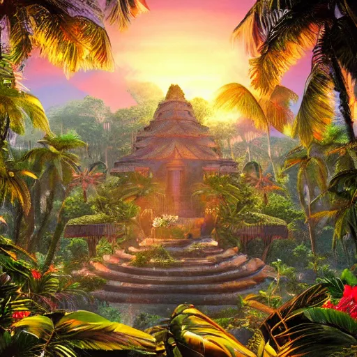 Image similar to a jungle temple surrounded by giant beautiful tropical flowers, photography, golden hour, bokeh, gamma, 8 k, full - hd, volumetric light, artstation, by bob byerley