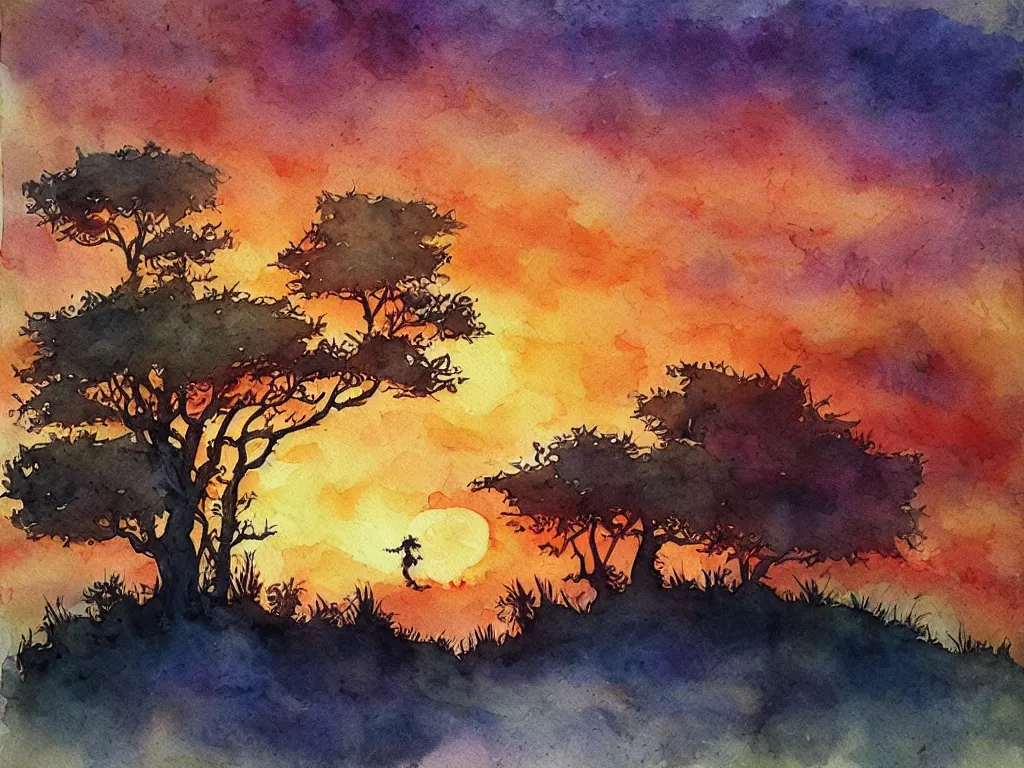 Prompt: “high quality fantasy sunrise landscape watercolor with Calvin and Hobbes”