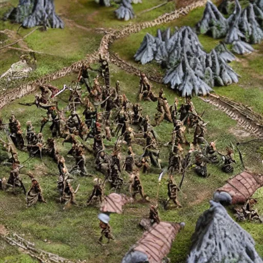 Image similar to photo taken of an epic intricate extremely detailed battlefield diorama, with highly detailed, exquisitely weathered 3 d printed characters. an army of high elves battling a horde of orcs, dragon fly overhead, macro shot, photorealistic, sharp focus, f 0. 4, golden ratio, soft light, 3 9 0 0 k