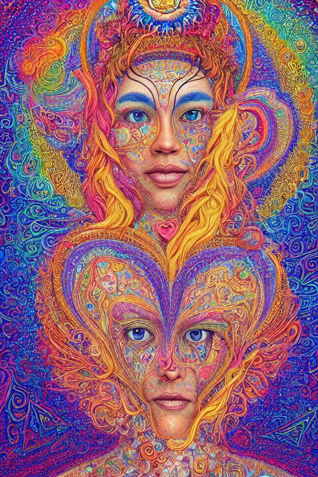 Prompt: a happy beautiful wise spirit goddess in the shape of a heart, meditation, 3 2 k resolution, good vibes, perfect lighting, billions of details, made out of small cubes of love, pointillism, fabric embroidery, stunning psychedelic artwork, android jones, chris dyer, alex grey, trending on artstation, award winner